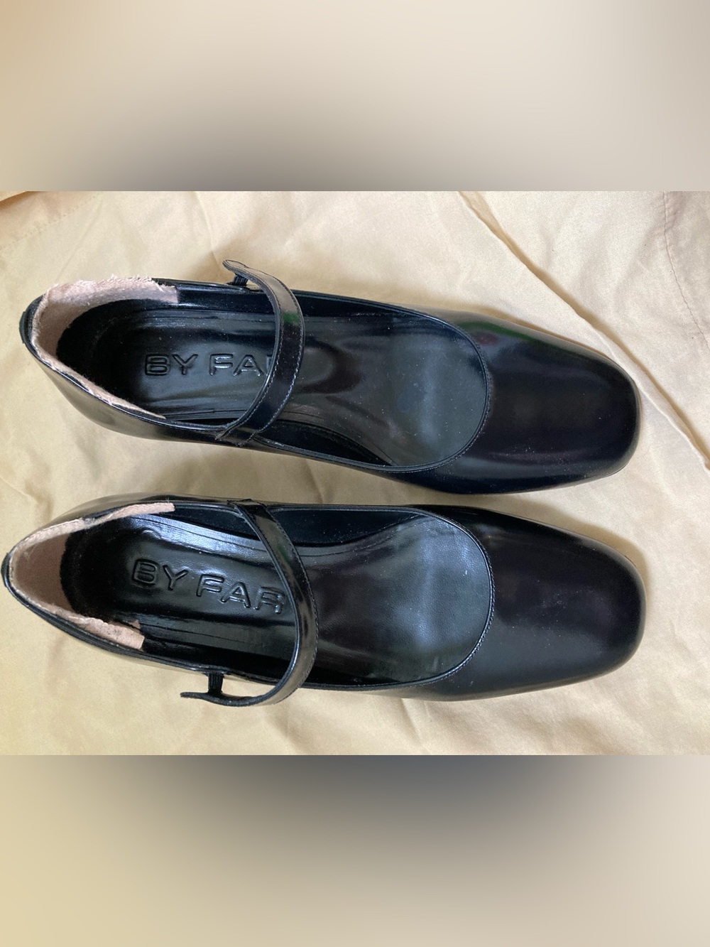 BY FAR ginny mary janes semi patent black leather